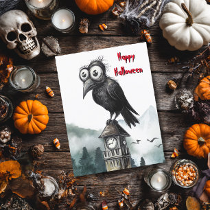 Gothic Black Crow & Tower Spooky Halloween Party Card