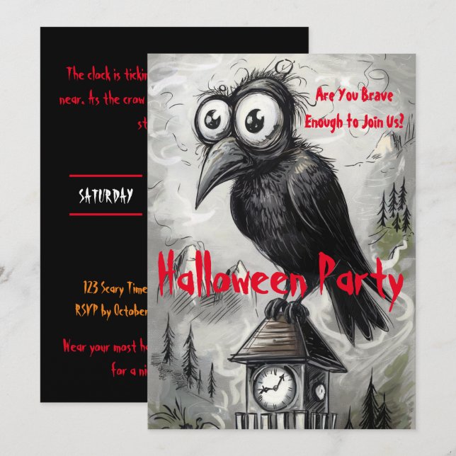 Gothic Black Crow & Tower Spooky Halloween Party Invitation (Front/Back)