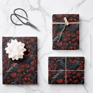 Gothic Black Crows and Red Roses Wrapping Paper Sheet