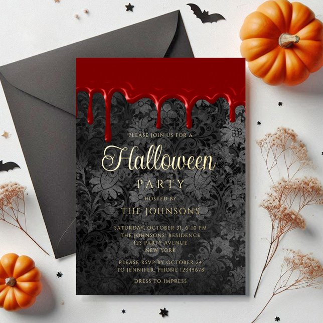Gothic Black Damask Blood Drip Halloween Gold (Gothic Black Damask Blood Drip Halloween Gold Foil Invitation)