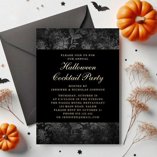 Gothic Black Damask Halloween Cocktail Gold (Gothic Black Damask Halloween Cocktail Gold Foil Invitation)