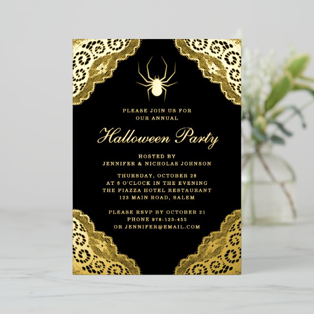 Gothic Black Damask Halloween Party Gold Foil Invi (Standing Front)