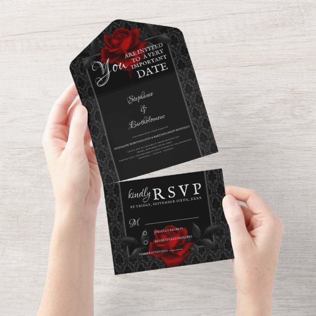 Gothic Black Damask Rose Wedding All In One Invitation (Tearaway)