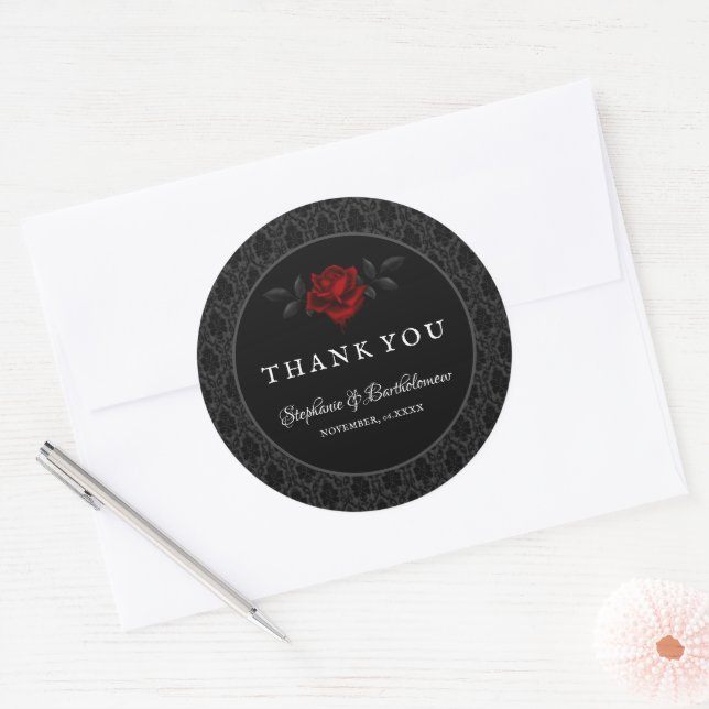 Gothic Black Damask Rose Wedding Classic Round Sticker (Envelope)