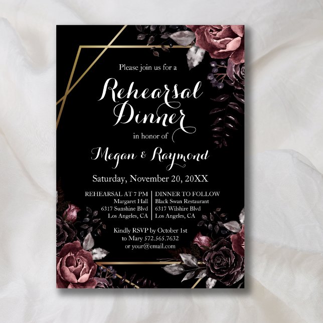 Gothic Black Dark Florals Rehearsal Dinner Invitation (Creator Uploaded)