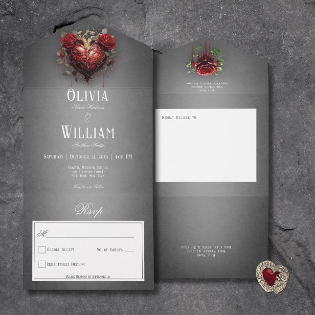 Gothic Black Dark Heart & Red Roses No Dinner All In One Invitation (Gothic Black Dark Heart & Red Roses All In One Wedding Invitation without Dinner Options)