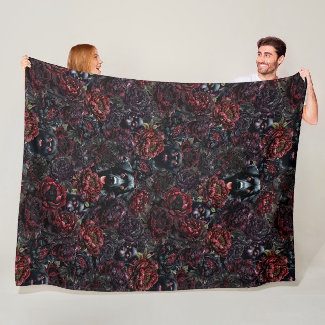 Gothic Black Dog & Dark Flowers Pattern Fleece Blanket (In Situ)