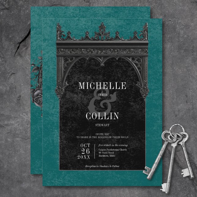 Gothic Black Double Arch Black Roses Teal Wedding Invitation (Gothic Black Double Arch Black Roses Teal Wedding Invitation)