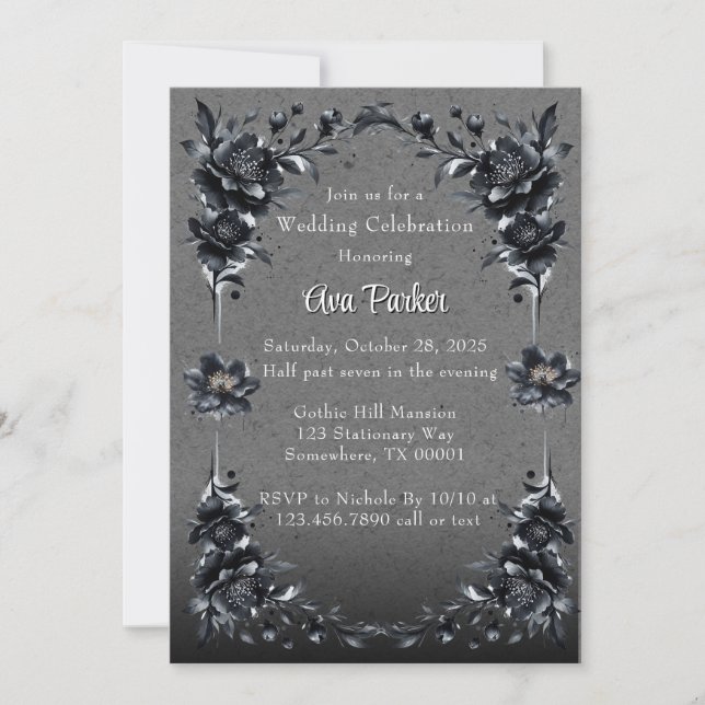 Gothic Black Floral Border Wedding Celebration  Invitation (Front)