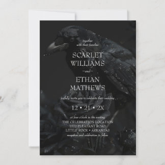 Gothic Black Floral Raven & Rose Wedding Invitation