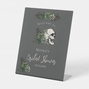 Gothic Black Floral Skull Bridal Shower Tabletop Pedestal Sign