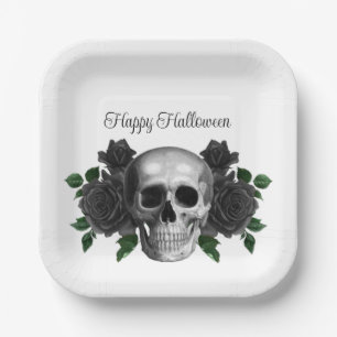 Gothic Black Floral Skull Halloween Paper Plate