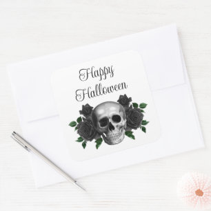 Gothic Black Floral Skull Halloween Square Sticker