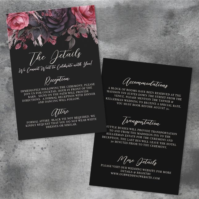 Gothic Black Floral Wedding Details Accommodations Enclosure Card (Gothic Black Floral Wedding Details Accommodations Enclosure Card )