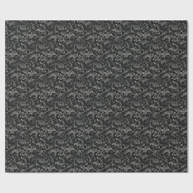 Gothic Black Flying Bats Celestial Pattern Wrapping Paper (Flat)