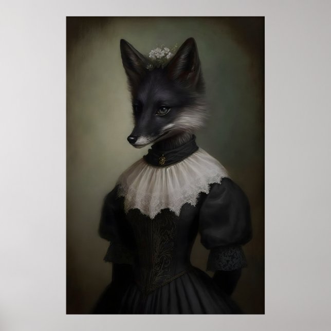Gothic Black Fox Art Print Victorian Dark Academia (Front)