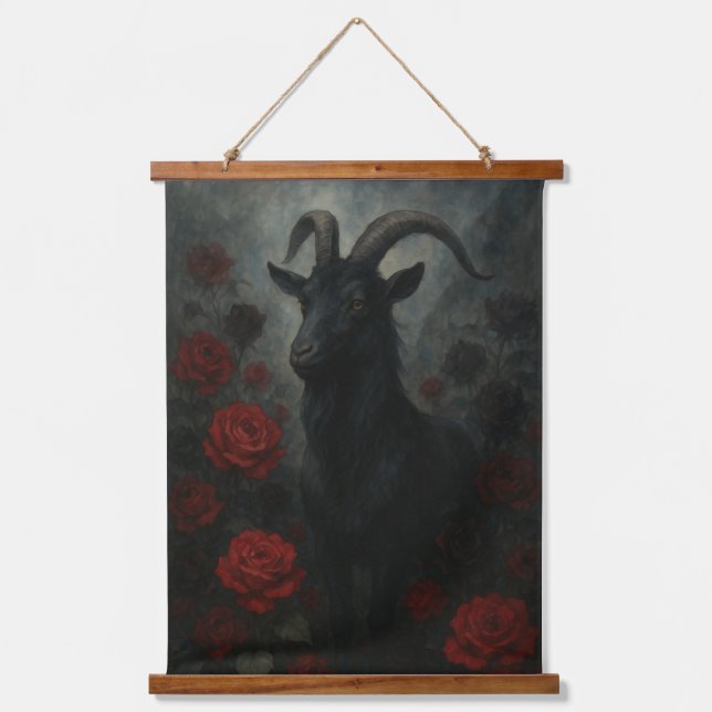 Gothic Black Goat with Red Roses Dark Art Hanging Tapestry (Front)
