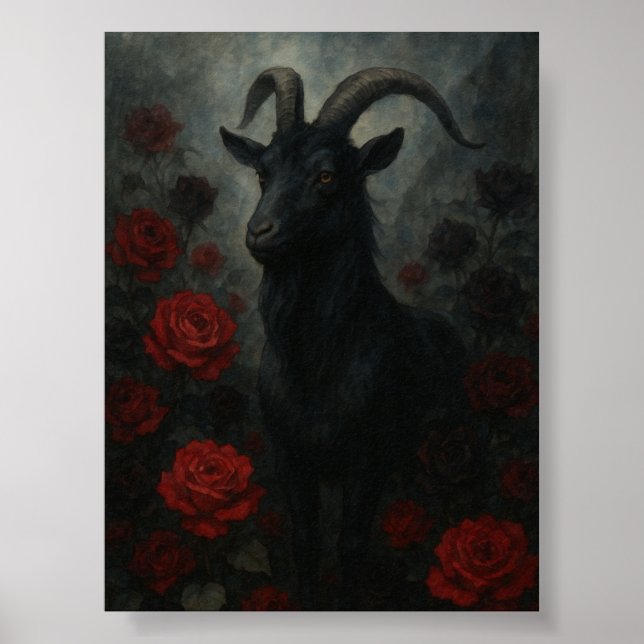 Gothic Black Goat with Red Roses Dark Art Poster (Front)