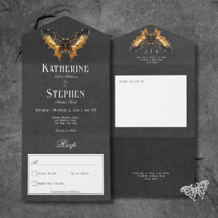Gothic Black & Gold Moth Moody No Dinner All In One Invitation