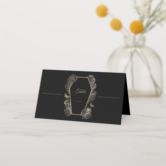 Gothic Black & Gold Roses Coffin Wedding Folded  Place Card (Front)