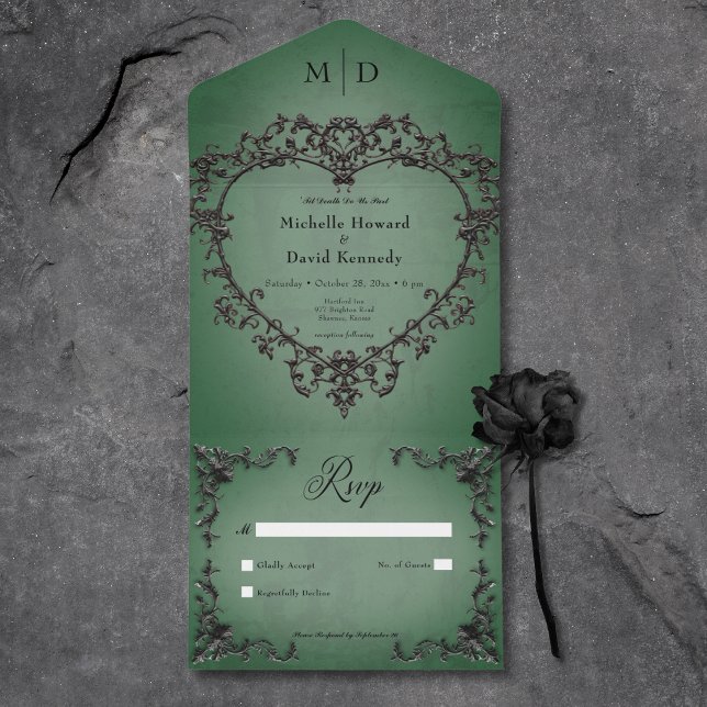 Gothic Black & Green Filigree Heart No Dinner All In One Invitation (Gothic Black & Green Filigree Heart No Dinner All In One Invitation)