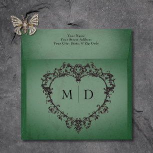 Gothic Black & Green Filigree Heart Wedding Envelope