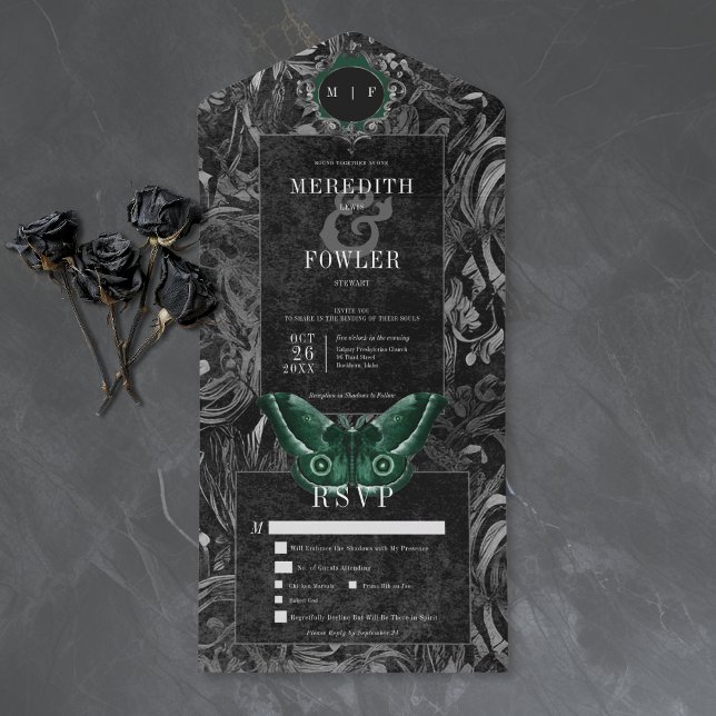 Gothic Black Green Filigree Moth Dinner Wedding All In One Invitation (Creator Uploaded)