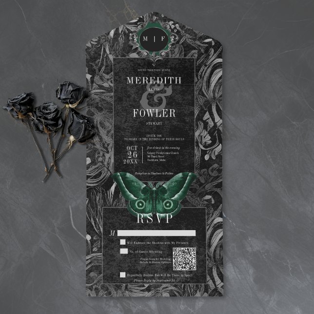Gothic Black Green Filigree Moth QR Code Wedding All In One Invitation (Creator Uploaded)