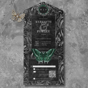 Gothic Black Green Filigree Moth QR Code Wedding All In One Invitation