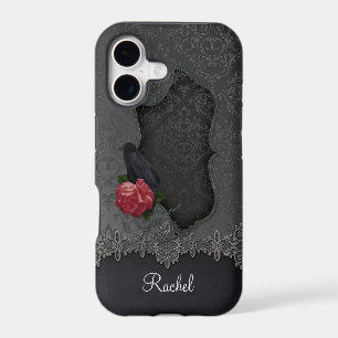 Gothic Black Grey Damask Lace Black Raven Red Rose