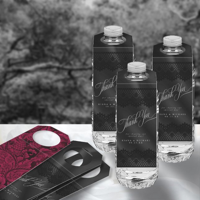 Gothic Black Lace & Satin Wedding ID866 Bottle Tag (Front/Back In Situ)
