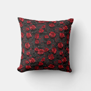 Gothic Black Noir Lace Pattern with Red Rosses Cushion