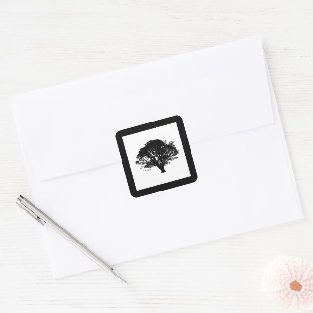 Gothic Black Oak Tree Silhouette Fine Art Drawing Square Sticker (Envelope)