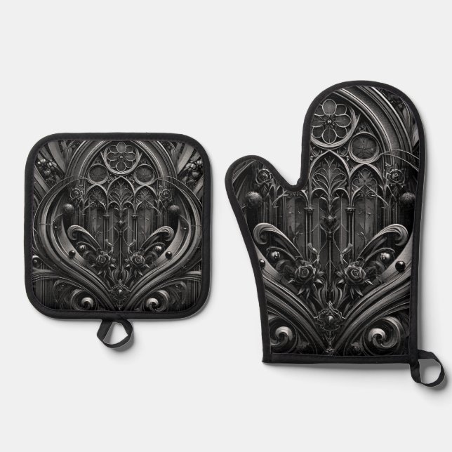 Gothic Black Oven Mitt and Pot Holder Set (Front)