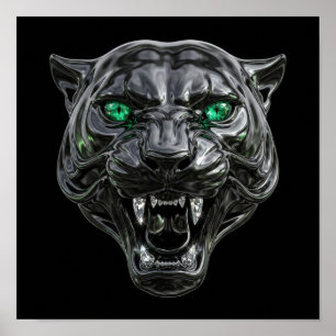 Gothic Black Panther Liquid Chrome Emerald Eyes Ar Poster