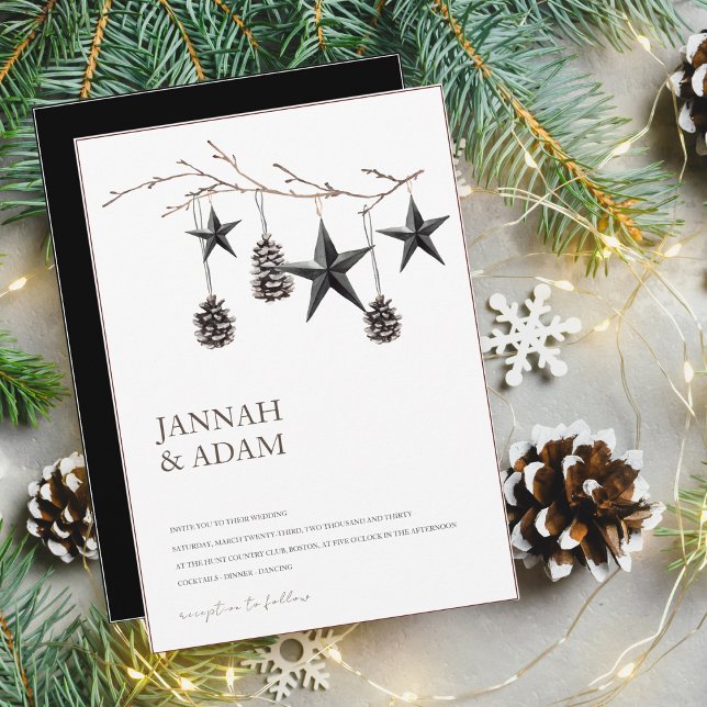 Gothic Black Pinecones Stars Christmas Wedding Invitation (Creator Uploaded)