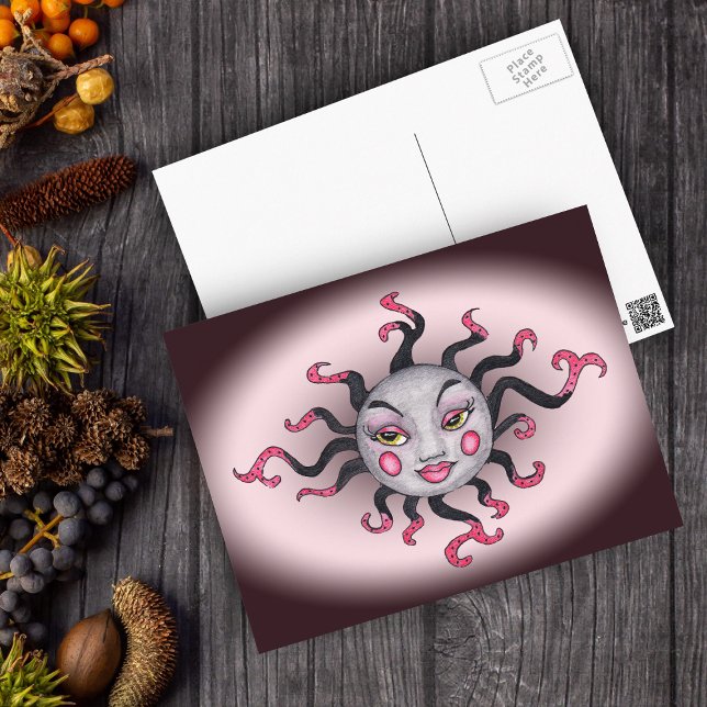 Gothic Black Pink Sun Goddess Postcard (Fantasy pink gray sun with pretty face on pink fading to dark grey postcard.)