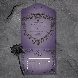 Gothic Black & Purple Filigree Heart Dinner All In One Invitation