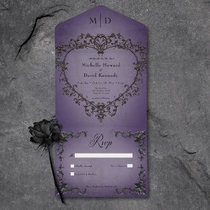 Gothic Black & Purple Filigree Heart No Dinner All In One Invitation