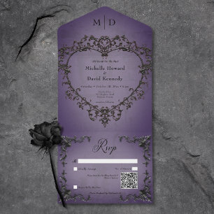 Gothic Black & Purple Filigree Heart QR Code All In One Invitation