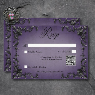 Gothic Black & Purple Filigree Heart QR Code RSVP Card