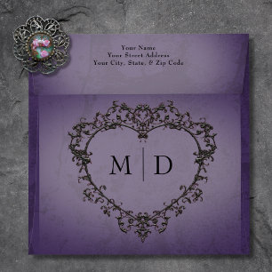 Gothic Black & Purple Filigree Heart Wedding Envelope