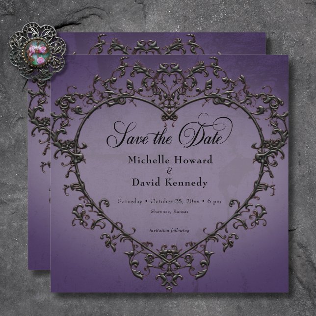 Gothic Black & Purple Filigree Heart Wedding Save The Date (Gothic Black & Purple Filigree Heart Wedding Save The Date)