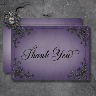 Gothic Black & Purple Filigree Heart Wedding Thank You Card