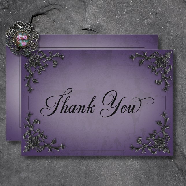 Gothic Black & Purple Filigree Heart Wedding Thank You Card (Gothic Black & Purple Filigree Heart Wedding Thank You Card)