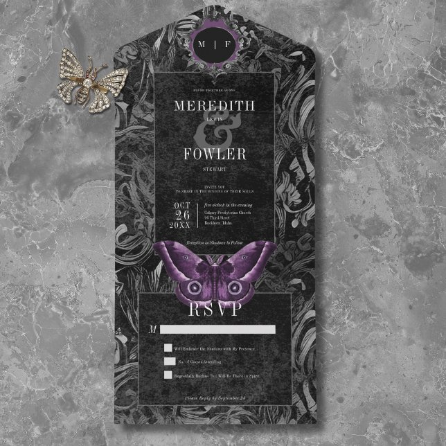 Gothic Black Purple Filigree Moth No Dinner All In One Invitation (Gothic Black Purple Filigree Moth No Dinner All In One Invitation)