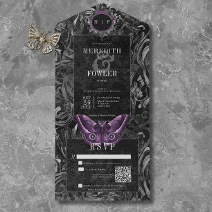 Gothic Black Purple Filigree Moth QR Code All In One Invitation