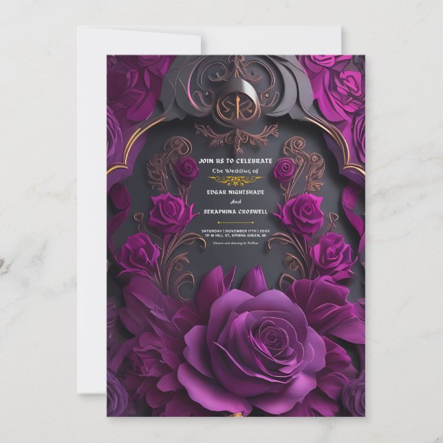 Gothic Black Purple Rose Halloween Wedding Invitation (Front)