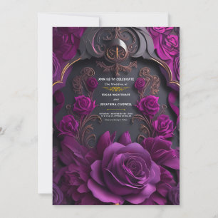 Gothic Black Purple Rose Halloween Wedding Invitation