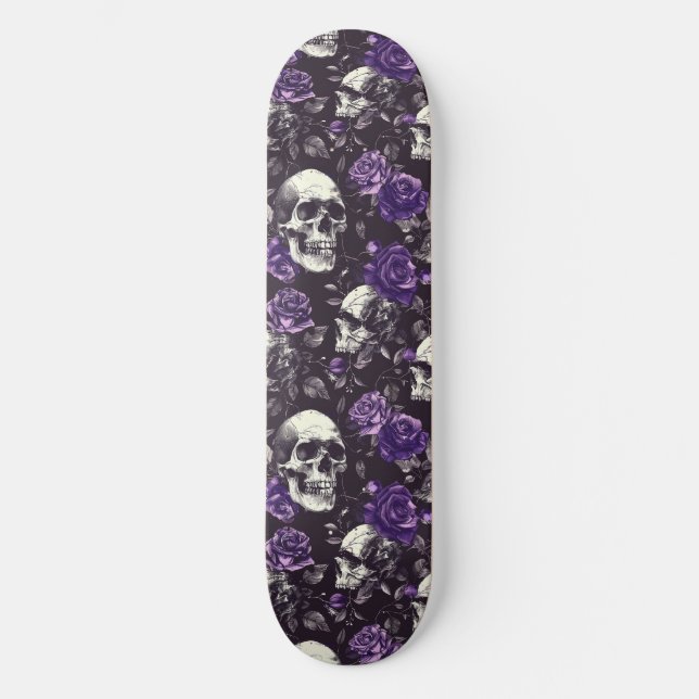 Gothic Black Purple Skulls and Roses Skateboard (Front)